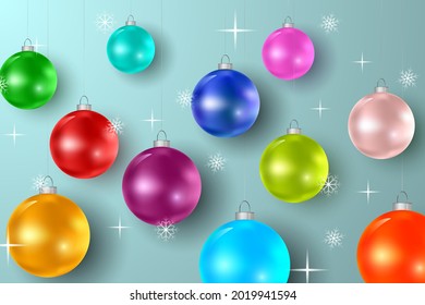 Colorful Christmas balls background. Christmas and New Year background with balls, stars and snowflakes. Vector illustration.