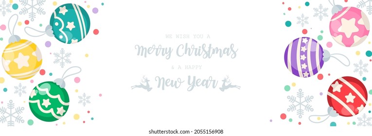 Colorful Christmas balls decorated with snowflakes on white background with Merry Christmas and a Happy New Year text with reindeers design for banner, frame or header. Vector illustration.