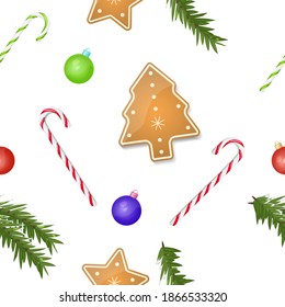 colorful Christmas balls, fir branches, gingerbread, candy. On white background. Christmas and New year holiday concept. vector seamless pattern background