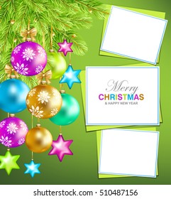 Colorful Christmas balls with fir-tree and paper frames. Vector illustration.