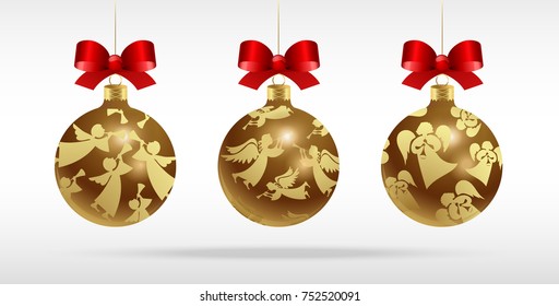 Colorful Christmas balls with golden angels. A set of isolated realistic ornaments. Vector illustration.