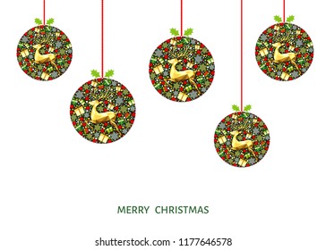 Colorful  Christmas balls.  Golden, red, green, white  decoration. Happy New Year background. Gold Xmas  reindeer, gifts,  snowflakes. Vector template  for greeting  card.