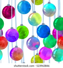 Colorful Christmas balls hanging. Vector watercolor. Seamless pattern.