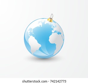 Colorful christmas balls isolated on white background. Holiday christmas toy with world map for fir tree. Vector illustration.