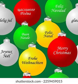 Colorful Christmas balls with the message Merry Christmas in different languages