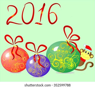Colorful Christmas balls, monkey, greetings 2016 and new year