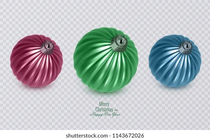 Colorful christmas balls on transparent background, vector christmas decorations