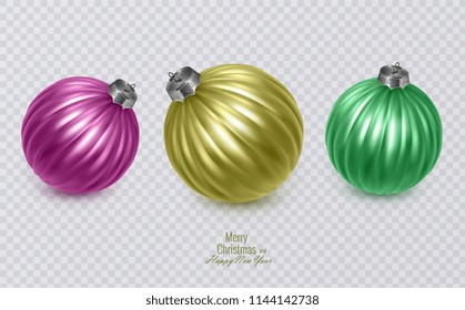 Colorful christmas balls on transparent background, vector christmas decorations