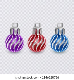 Colorful christmas balls on transparent background, vector christmas decorations