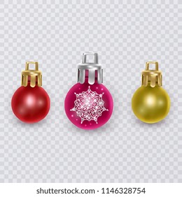 Colorful christmas balls on transparent background, vector christmas decorations