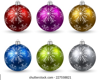 Colorful christmas balls on white surface. Set of isolated realistic decorations. Vector illustration. 