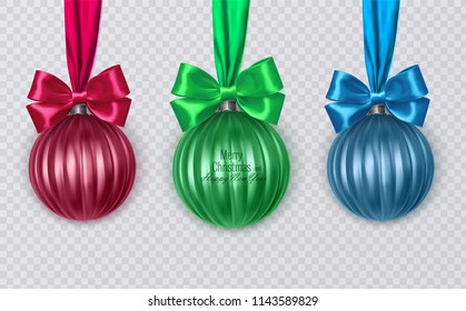 Colorful christmas balls with realistic bow on transparent background, vector christmas decorations