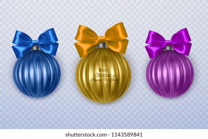 Colorful christmas balls with realistic bow on transparent background, vector christmas decorations