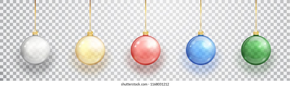 Colorful christmas balls set isolated on a transparent background. Christmas decorations. Vector object for christmas design, mockup. Vector realistic object Illustration 10 EPS.