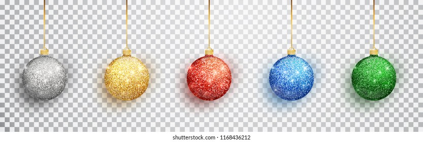 Colorful christmas balls set isolated on a transparent background. Christmas decorations. Vector object for christmas design, mockup. Vector realistic object Illustration 10 EPS.