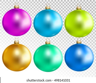 Colorful christmas balls set isolated on transparent background. Holiday christmas toy for fir tree. Vector illustration.