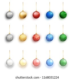 Colorful christmas balls set on white background. Christmas decorations. Vector object for christmas design, mockup. Vector realistic object Illustration 10 EPS