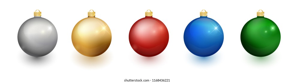 Colorful christmas balls set on white background. Christmas decorations. Vector object for christmas design, mockup. Vector realistic object Illustration 10 EPS.