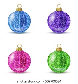 Colorful christmas balls. Shiny glitter sequins texture. Set of isolated realistic decorations for christmas tree. Brilliance sparkle. Vector EPS10 illustration.