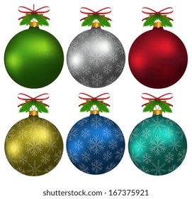 Colorful Christmas balls with snowflakes, hanging, with elements of fir tree and ribbons