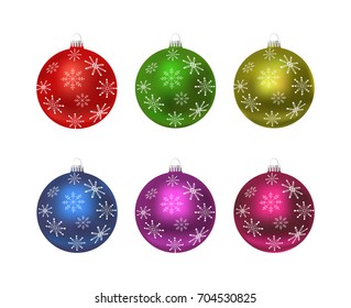 Colorful christmas balls with snowflakes. Set of isolated realistic decorations. Vector illustration.