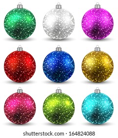 Colorful christmas balls with sparkles. Set of isolated realistic decorations. Vector illustration. 