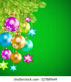 Colorful Christmas balls, stars and fir-tree on green knitted texture background. Vector illustration.