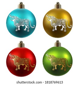 Colorful christmas balls. White metal ox-symbol of 2021. Chinese New Year. Vector illustration.