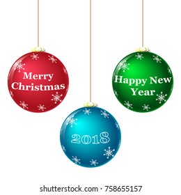 Colorful Christmas balls, white snowflakes. Set of balls for design. 2018. Text Merry Christmas. happy new year
