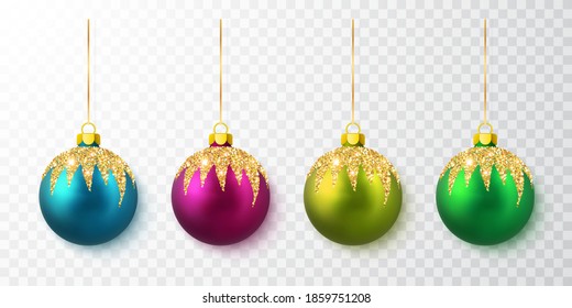 Colorful Christmas balls. Xmas glass ball on white background. Holiday decoration template. Vector illustration.