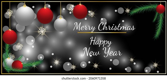 Colorful christmas banner with new year decorations and snowflakes. Vector illustration