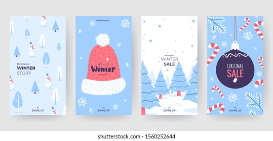 Colorful christmas banners with cute winter illustrations. Set of winter social media stories template. Background collection with place for text. Use for event invitation, promo, ad. Vector eps 10