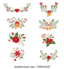 Colorful Christmas banners and laurels with flowers, birds, deers, hollies and leaves. Ideal for invitations and Christmas cards