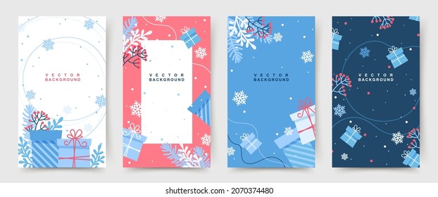 Colorful christmas banners,cute winter illustrations with falling snowflakes and gift boxes.Set of social media stories template. Festive vector background for greeting card,event invitation, promo,ad