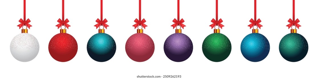Colorful Christmas bauble banner with red ribbon and bow. Holiday decoration template.Xmas ornament vector.