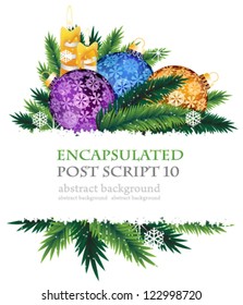 Colorful Christmas baubles and burning candles. Christmas composition with place for text