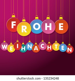 Colorful christmas baubles with german text Frohe Weihnachten, translate Merry Christmas.