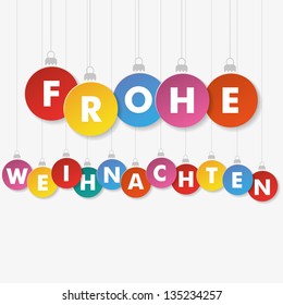 Colorful christmas baubles with german text Frohe Weihnachten, translate Merry Christmas.