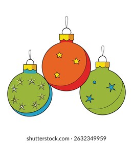 Colorful Christmas baubles hang from tree branches, sparkling with festive cheer, adding a touch of magic and joy to the holiday season.
