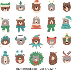 Colorful Christmas bears large set. Cute animals in Christmas accessories and decorations. A set of simple illustrations to design Christmas cards, banners and posters.