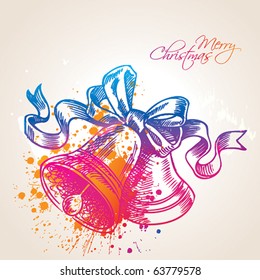 A colorful Christmas bells with drops and sprays on a beige background. Vector illustration.