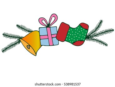 Colorful Christmas bells with gift and fir branches. Art element for adult coloring book page design.
