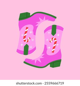 Colorful Christmas Boot Illustration with Candy Cane. Vector cartoon graphics