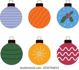 Colorful Christmas Bright Baubles Set. Festive design elements for holiday decorations, greeting cards, and seasonal projects. Xmas, New Year Balls.