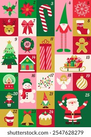 A colorful Christmas calendar with a variety of festive images, including a snowman, a gingerbread man, and a Santa Claus