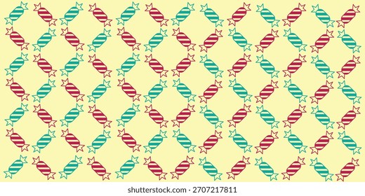 Padrão sem emenda de doce de Natal colorido com doces listrados vibrantes em um layout geométrico lúdico. Perfeito para projetos festivos, embalagem de férias, temas infantis, papéis de embalagem e fundo.