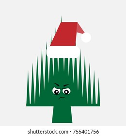 Colorful Christmas card with an angry Christmas tree in a Santa Claus hat