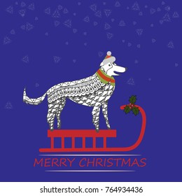Colorful Christmas card dog in santa claus cap on a sleigh. Blue snowy background.