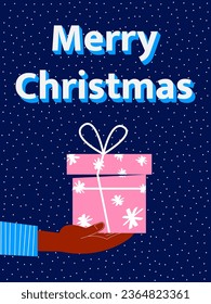 Colorful Christmas card. Gift in hand in flat retro style. Blue background with snow.