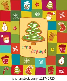 Colorful Christmas card with gingerbread design elements